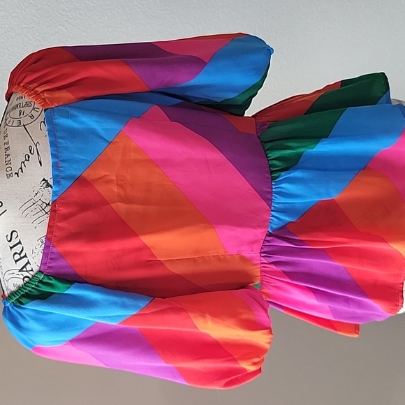 Skies Are Blue Anahi Rainbow Stripe Surplice Blouse Size S Colorful Peplum Top - Picture 9 of 9
